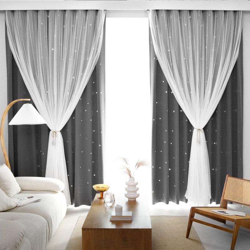 Kinryb Grey Star Curtains for Bedroom Star Hollow Out Blackout Curtains for Kids Room Decor Double Layer Cut Out Window 2 Panel with Tiebacks 52W x 84L Grey - Image 2